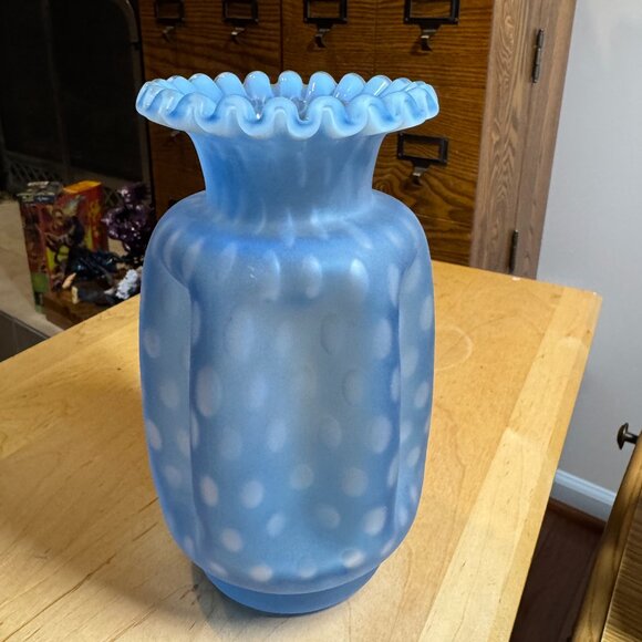 Fenton Satin Blue Optic Bubble Vase Crimped Iridescent Edge Original Label